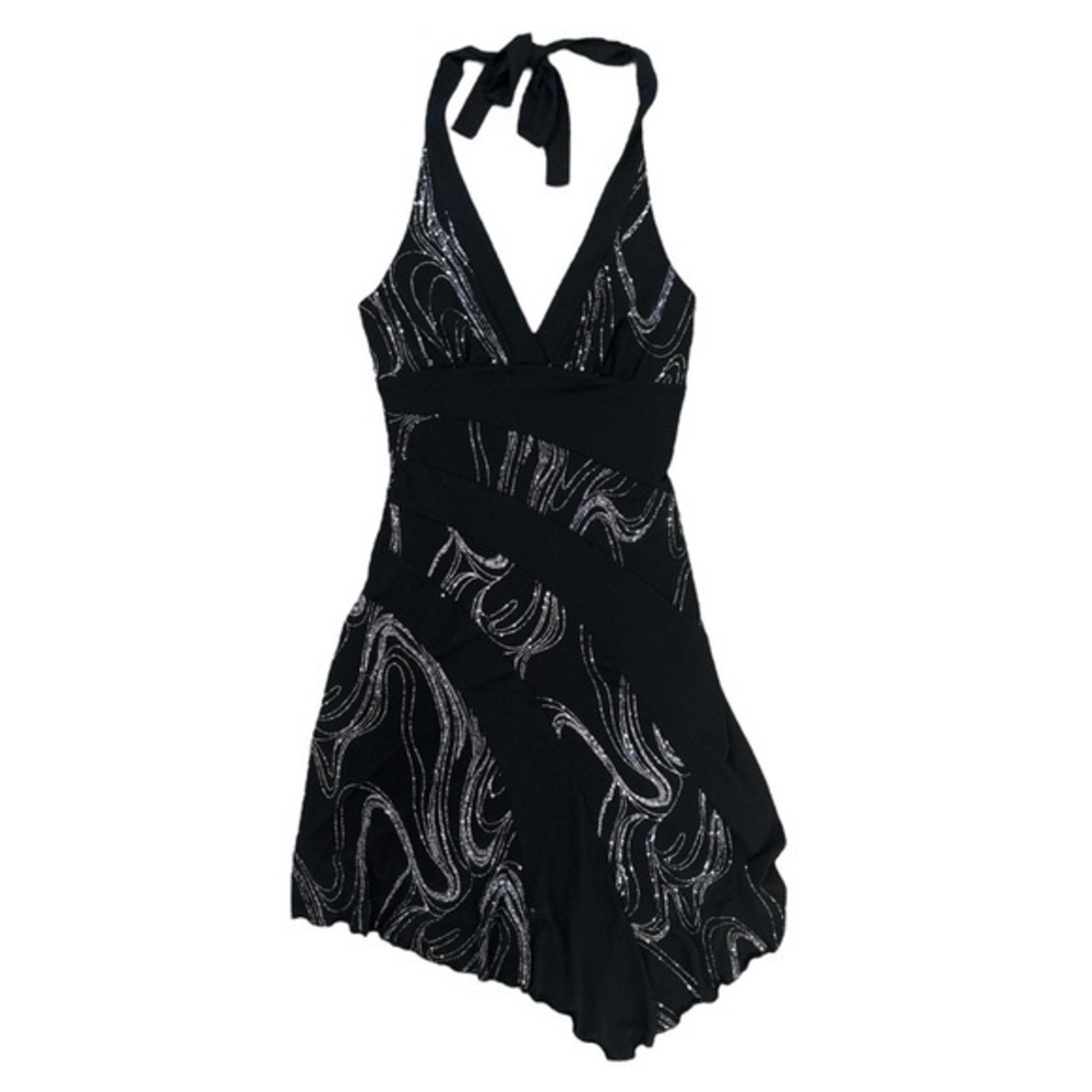 Y2K Vintage Whimsigoth Halter Glitter Sharkbite Hem Dress Black No Brand S/M